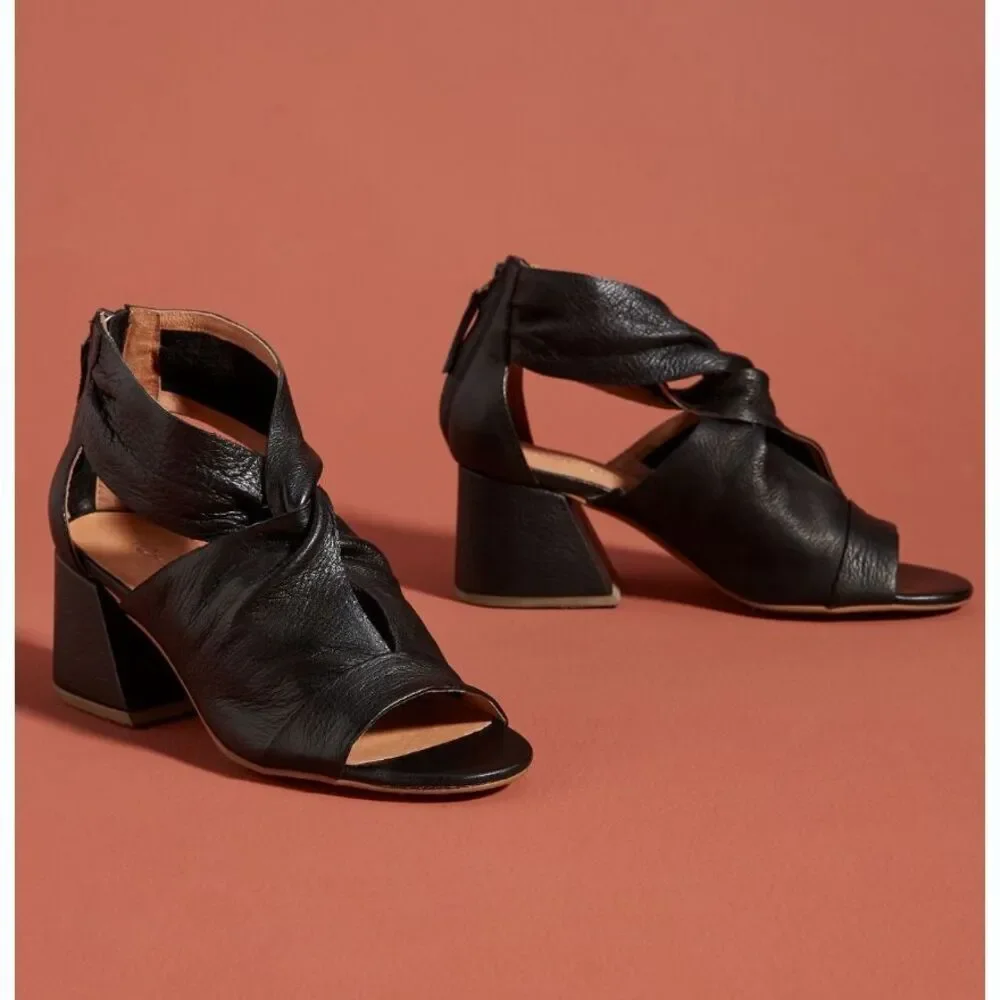 Anthropologie Silent D Leather Shooties Open Toe Block Heel $170 39 8.5